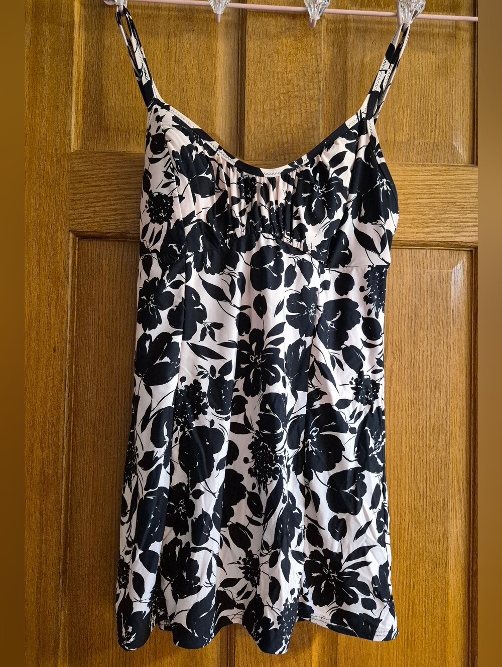 Jantzen Black and Soft Pink Floral Spaghetti Strap Mini Swimsuit Dress One Piece